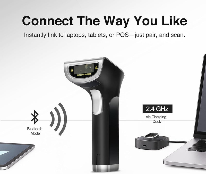 Scanmarker 1D/2D Wireless Barcode Scanner – Boost Speed & Accuracy with Bluetooth & 2.4G Modes – Handheld QR Code Scanner with Charging Stand for Easy scanning on Laptop, iOS & Android - Image 3
